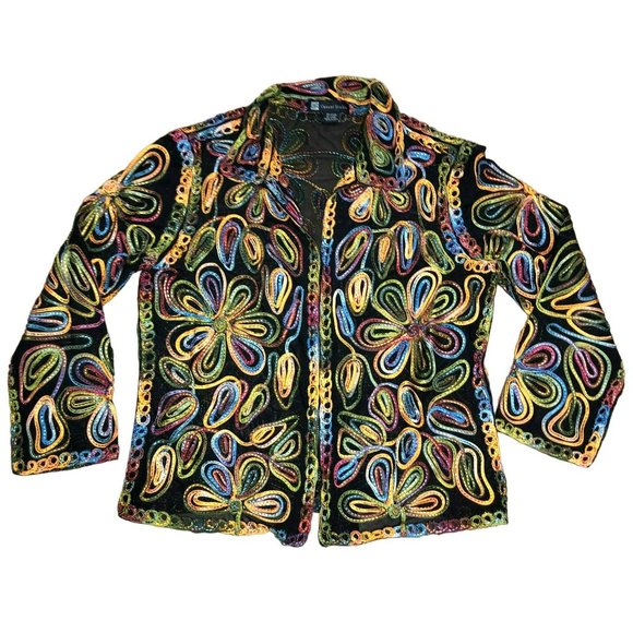 CASUAL STUDIO EMBROIDERED BLAZER JACKET SZ L BLACK ORANGE EMBROIDERED WOMENS - Picture 1 of 5